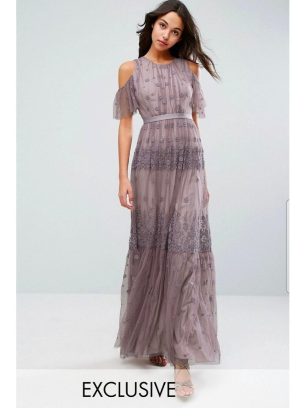 Needle & Thread Mauve Lace  Embroidered Maxi Dress Sz 6 Mesh Romantic Guest